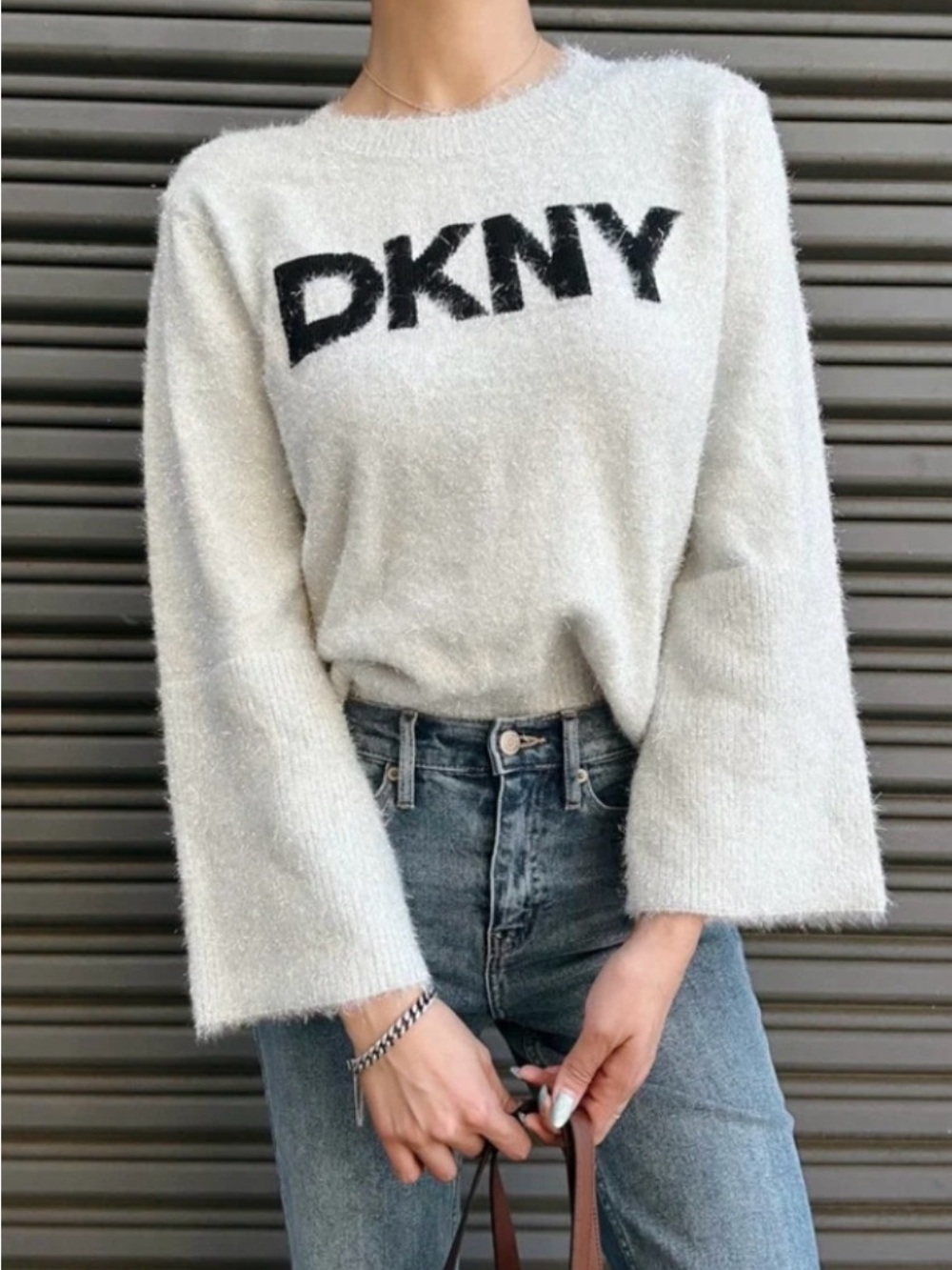 P0001.  DKNY Cream Fuzzy Crewneck Sweater with Black Logo